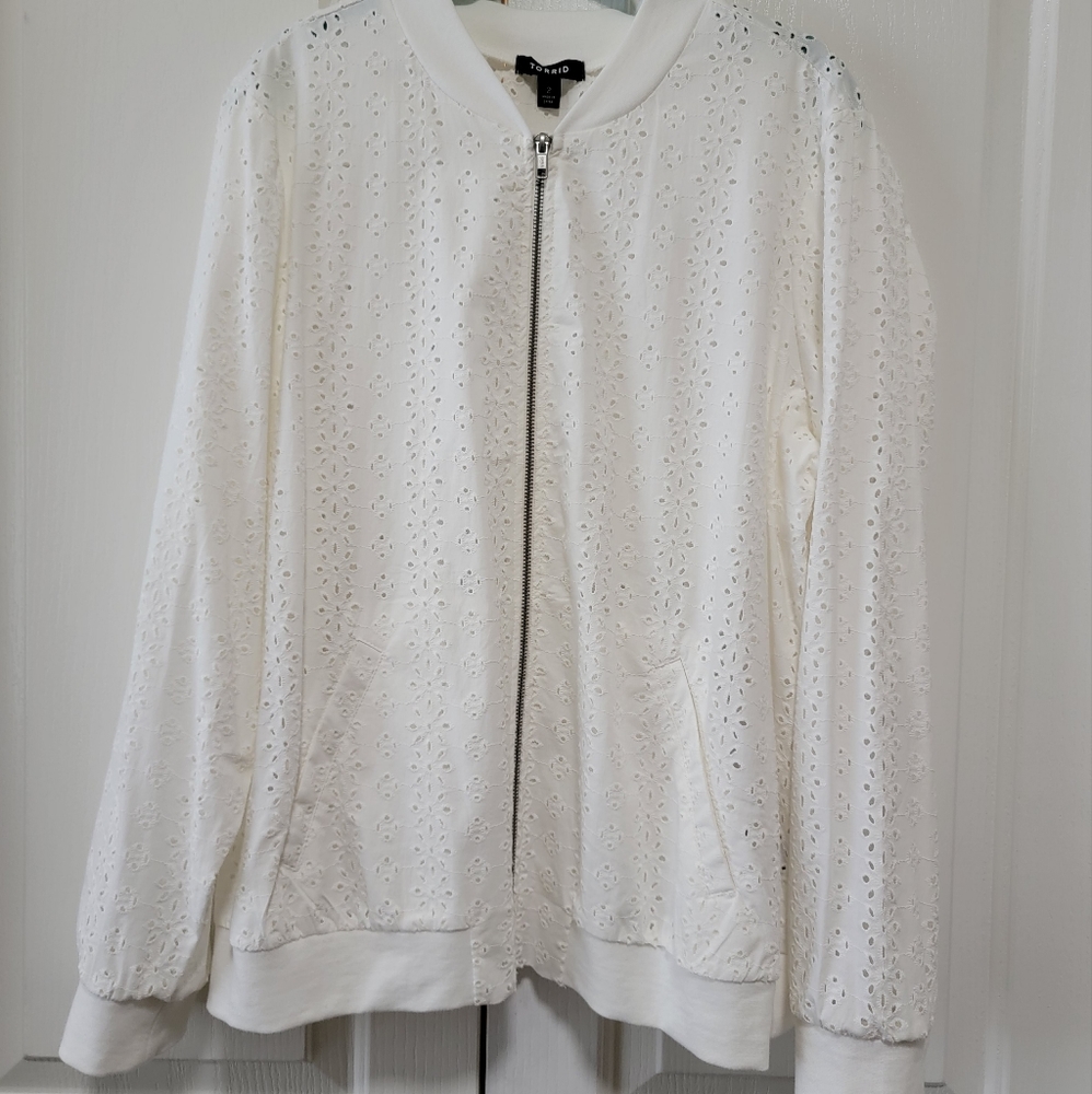 Torrid White Eyelet Bomber Jacket